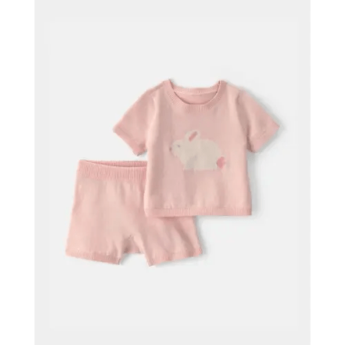 Baby Girl 2-Piece Bunny Short-Sleeve Sweater Top & Short Set - Pink | Carter's
