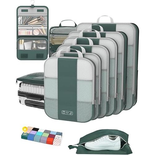 10 Set Compression Packing Cubes for Travel Essentials,Compressible Expandable Packing Cubes for Suitcase,OlarHike Luggage Organizer Bags for Travel,Handy Helper for Organizing Clothes(Dark Green)
