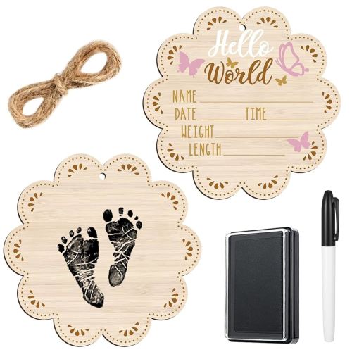 Thyle Baby Announcement Wooden Name Sign for Hospital Birth Double Sided Newborn Welcome Sign with Marker Pen and Ink Pad for Baby Shower Hand Footprints (Pink Butterfly)