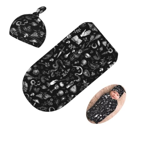 Qiankang Halloween Newborn Swaddling Blanket Beanie Hat Sets Soft Baby Receiving Funny Goth Skull Blanket Soft Sleeping Bag New Born Soft Sleep Sacks for Boys Girls