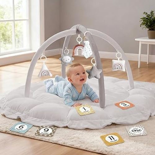 5-in-1 Thick & Plush Baby Play Gym, Baby Play Mats for Floor, Tummy Time Mat with 6 Toys, Convertible Stage-Based Developmental from Babies to Toddlers, Ball Pit, Grey