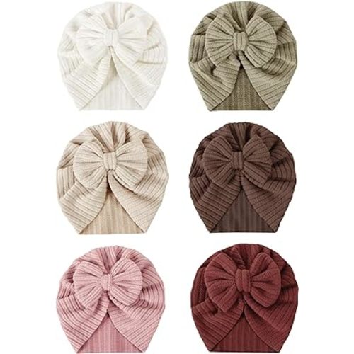 ZURLEFY 6 PCS Stretchy Baby Turban Hats, Baby Hat with Bows for Girls, Baby Boys Caps, Toddler, Newborn, Infant Hat Unisex