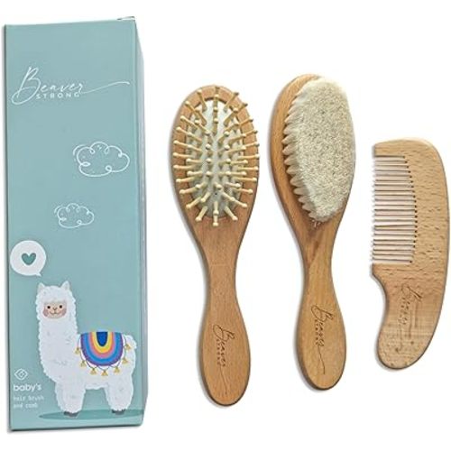 Gentle Care Wooden Baby Hair Brush and Comb Set by BeaverStrong - 2 Brushes and 1 Comb for Newborns - Soft Bristles, Safe and Natural - Perfect for Delicate Infant Hair and Scalp