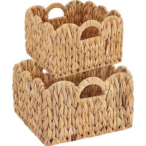 FairyHaus Wicker Basket 2Pack, Scalloped Wicker Storage Basket with Handles, Handwoven Natural Water Hyacinth Wicker Bakests for Storage, 11 x 11 x 7 & 9.45 x 9.45 x 6.5 (L+M)