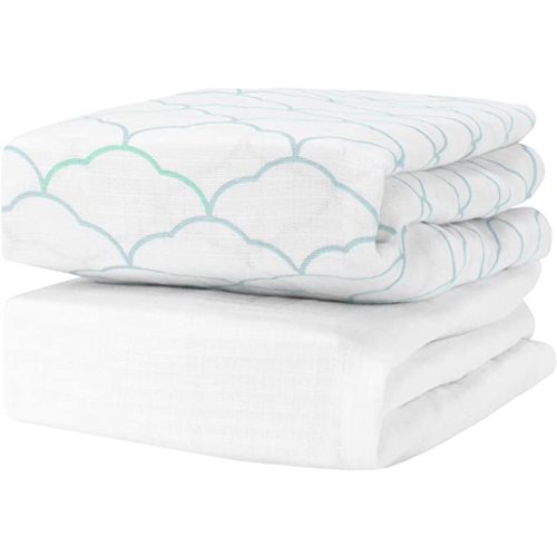 Newton Baby Organic Fitted Crib Sheets - 100% Breathable and Ultra-Soft, 100% Organic Muslin Cotton, Dreamweaver Print in Moonstone Mist + Solid White, Fits All Standard Cribs - Dreamweaver Moonstone Mist