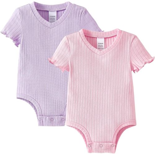 ROMPERINBOX Baby Girl Bodysuit 2 Pack V Neck Ruffle Short Sleeve Ribbed Onsies Summer Baby Girls Clothes 0-24 Months