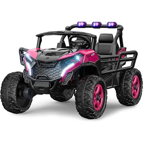 24V 2 Seater Ride on Car Truck 4x200W, EVA Tires, 4WD/2WD, Rainbow Lights, Remote Control, Shock Absorbers, Bluetooth, Ride on Toy for Big Kids Ages 3-8, Pink