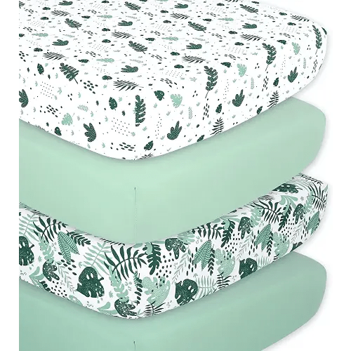 The Peanutshell Crib Sheets for Boys or Girls, Neutral Fitted Baby Bedding Sheet Set, Unisex 4 Pack, Standard Size Crib Mattress, 52x28, Jungle Safari Forest & Pastel Green Nursery Decor