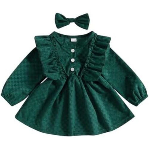 Karuedoo Kids Toddler Baby Girl Corduroy Ruffle Long Sleeve Dress Princess Party Dress Fall Winter Skirt Outfit