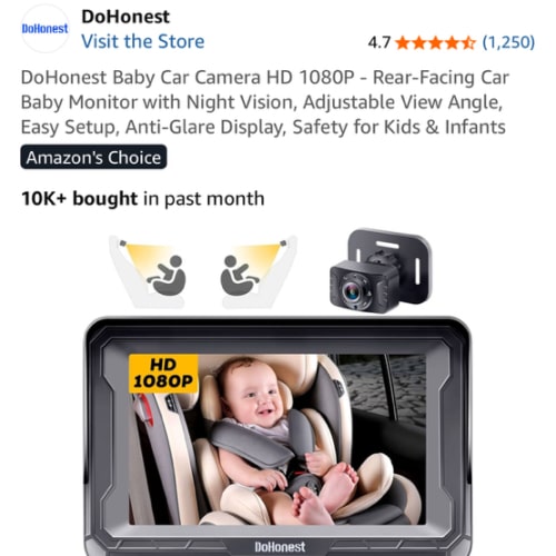 DoHonest Baby Car Camera HD 1080P - Rear-Facing Car Baby Monitor with Night Vision, Adjustable View Angle, Easy Setup, Anti-Glare Display, Safety for Kids & Infants