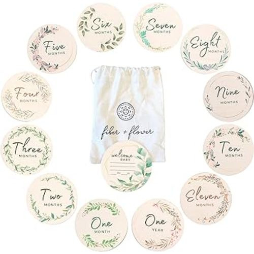 Fiber + Flower Baby Monthly Milestone 12 Sets - Monthly Baby Milestone Wooden Circle with Hello World Newborn Sign, 1-12 Baby Months Signs for Boy and Girl