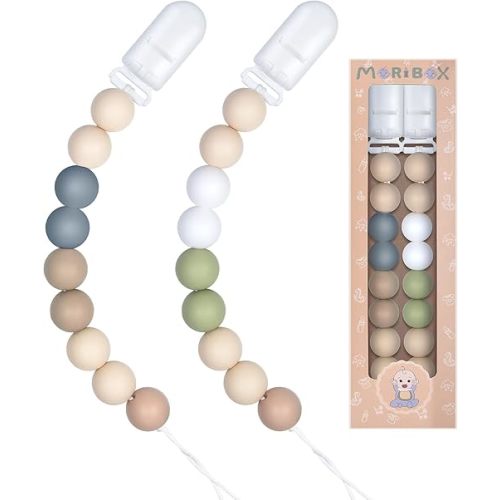 Pacifier Clips for Baby Boys Girls Paci Clip Holder Birthday Gift 2 Pack (Green Grey)