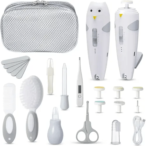 Lictin Baby Healthcare and Grooming Kit, 26 in 1 Rechargeable Nail Trimmer Electric Set,Safe File with Auto Light, Newborn Nursery Health Care Portable Safety Set for Infant Toddlers Boys Girls, Grey