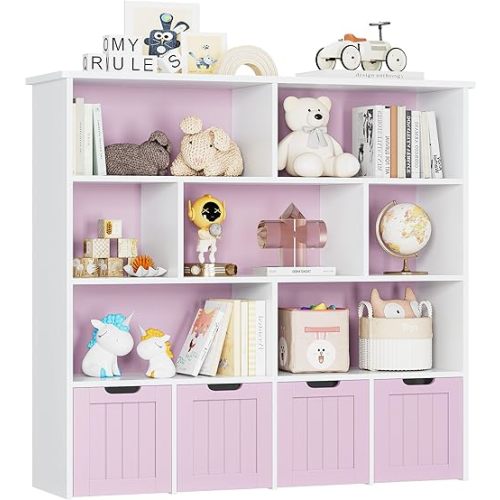 FINETONES Toy Storage Organizer, Large Toy Organizers and Storage with 4 Movable Drawers and 7 Storage Cubbies, Toy Chest Shelf Organizer with Hidden Wheels, Kids Bookshelf and Toy Storage, Pink