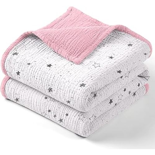 Lulu moon Muslin Baby Blanket - Cotton Quilt Blankets for Toddlers - Reversible Nursery Crib Blanket for Baby Boys and Girls 47"x47"(Pink Star)