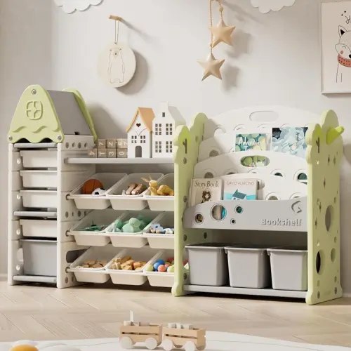 linor Kids Toy Storage Organizer with 17 Removable Bins, 4-Tier Bookshelf for Kids, Multi-Purpose Castle-Shaped Toy Organizer for Playroom, Bedroom, Nursery, Living Room (Green)