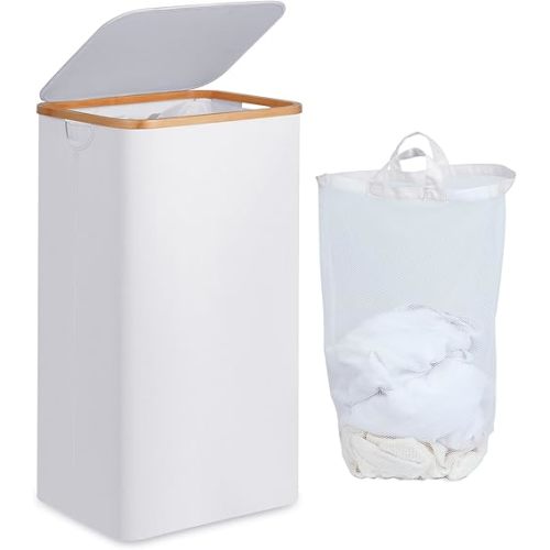 Laundry Basket with Lid and Removable Bag, 100L Tall Laundry Hamper with Bamboo Handles, Aesthetic Dirty Clothes Bin for Laundry Room, Bathroom, Bedroom and Dorm, White