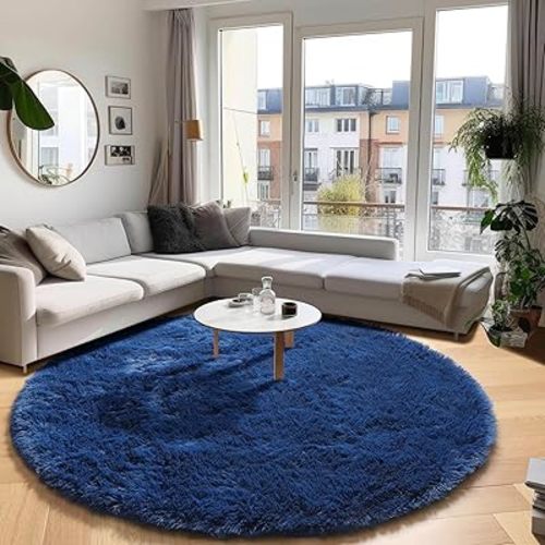 Soft Navy Blue Round Rugs for Boys Bedroom,Shaggy Circle Rug 6Ft for Kids Room,Fluffy Carpet for Kids Playroom Shag Blue Rugs for Boys Nursery,Fuzzy Plush Rug for Dining Room,Cute Baby Room Decor
