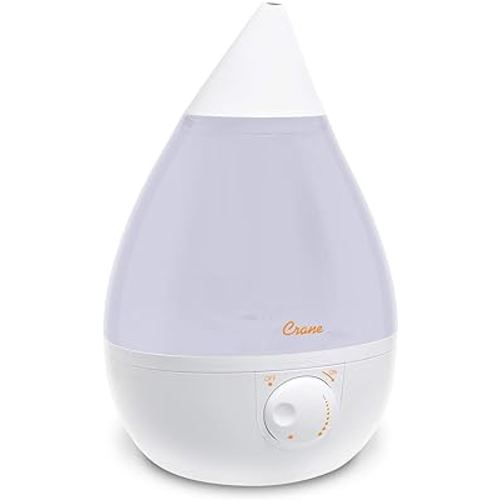 Crane White Drop Ultrasonic Cool Mist Teardrop Humidifier, 1 Gallon Tank, Baby Humidifier for Nursery, Bedroom, Plants, Office, Adjustable Mist Levels
