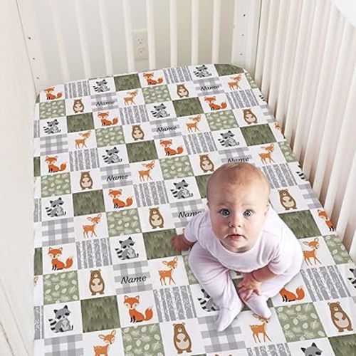 Personalized Woodland Animals Baby Crib Sheets with Name, Customized Crib Mattress Sheets for Baby Boys Girls, Fitted Crib Bedding Sheets for Standard Crib Size, Mini Crib Sheet | Name Crib Sheets