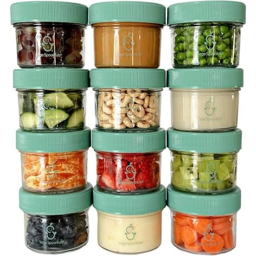Sage Spoonfuls -12 Pack, 4 oz Baby Food Jars, Glass Baby Food Containers with Lids - Freezer Storage, Leakproof, Reusable Small Glass Baby Food Containers, Microwave & Dishwasher Friendly