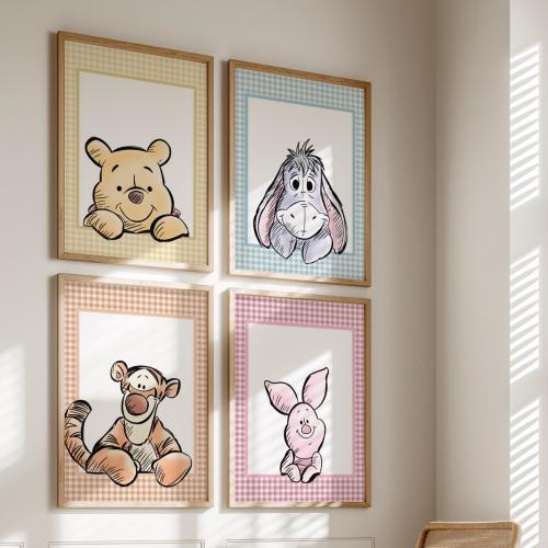 Winnie the Pooh Nursery Prints Set of 4 | Gingham Wall Art | Pooh, Piglet, Tigger, Eeyore | Classic Baby Room Decor | Instant Download