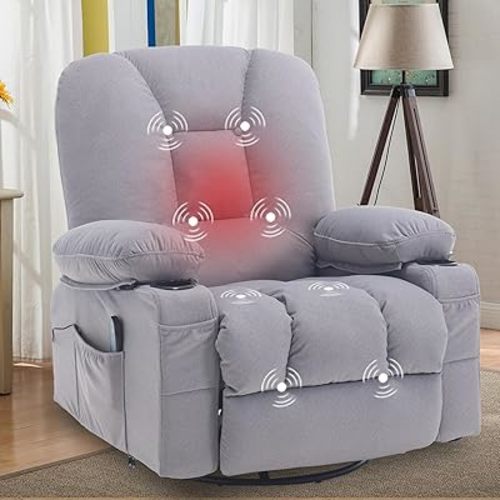 Rocker Recliner Chair for Adults, Recliners with Massage and Heat, Fabric Overstuffed Swivel Glider with Cup Holder Side Pocket, Manual Reclining Sofa Chair for Living Room,Grey