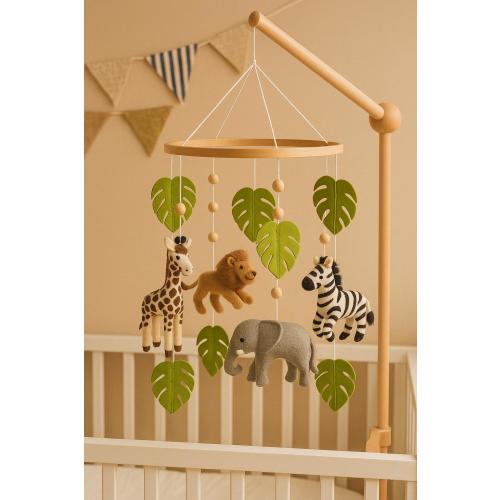 Safari Baby Mobile in Felt –Jungle Nursery Decor with Animals and Leaves –Handmade Crib Mobile for Boys and Girls –Woodland Baby Shower Gift