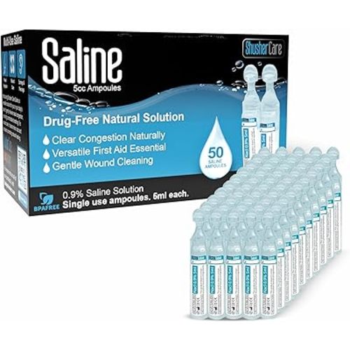 Saline Ampoules - Saline Solution, Sodium Chloride 0.9%, Nasal Cleanse for Babies, Kids, & Adults, Sterile Nasal Care, Wound Cleansing - 50 Count (5ml Each)
