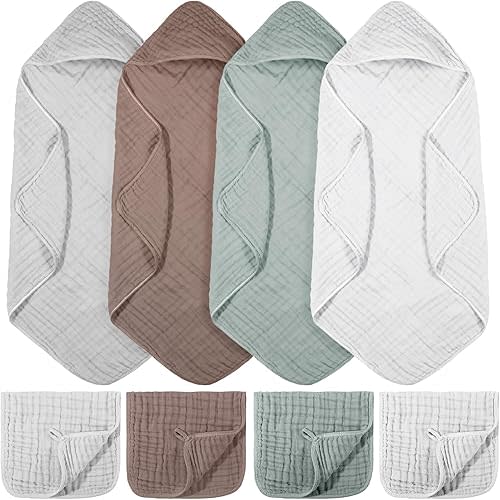 8 Pcs Baby Muslin Hooded Bath Towels and Washcloths, 32 x 32 Inch Muslin Cotton Absorbent Hooded Blankets for Gift Newborn Infant Shower (Grey, Blue)