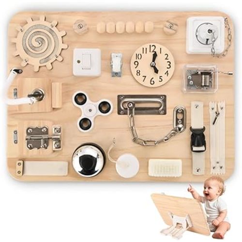 Wooden Busy Board for Toddlers - Montessori Sensory Activity Board for Fine Motor Skills and Early Learning - Travel Toys for Kids - Sensory Toys for autism or ADHD - Ideal for Educational Gifts