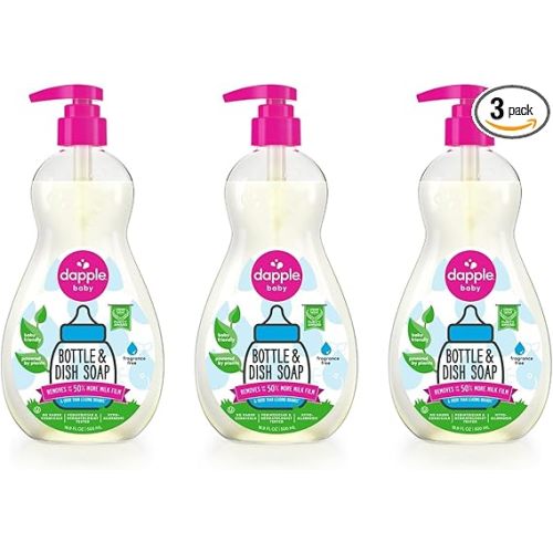 Dapple Baby Bottle Soap, Hypoallergenic Dish Soap for Baby Bottles, Powered by Plants, 1 Pump Included, Packaging May Vary, Fragrance Free, 16.9 Fl Oz (Pack of 3)