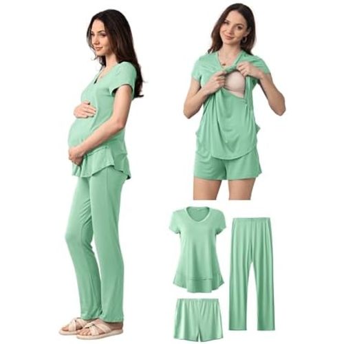 SUNNYBUY 3 PCS Maternity Breastfeeding Pajamas Set, Hidden Nursing Tops, Adjustable Pregnancy Shorts & Pants Postpartum PJS