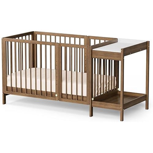 JOYMOR Crib with Changing Table and Pad, 8 in 1 Convertible Crib with Changer, Include 2” Mattress, Converts to Bassinet, Mid Crib, Full Size Crib, Daybed,Toddler Bed and Playard (Honey Wood)