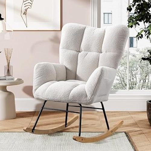 Nursery Rocking Chair Teddy Upholstered Padded Seat Rocking Chair High Backrest Glider Accent Chair for Bedroom Office Living Room (Beige)