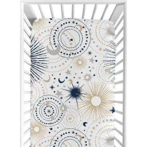 Sweet Jojo Designs Gender Neutral Baby Fitted Crib Sheet Celestial Navy Blue Gold And White