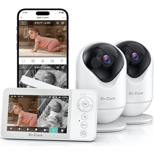 Dr.Care VistaView Lite RB Smart WiFi Baby Monitor with 2 Cameras - 4” 720P Split Screen & 1080P Camera App Control, Motion Alerts, 2500mAh Removable Battery, Night Vision, 2-Way Talk, Multi-User