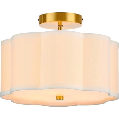 VONLUCE Semi Flush Mount Ceiling Light, 13" Ceiling Light Fixture with Flower-Shaped Fabric Shade, 3-Light Modern Light Fixture for Bedroom Living Room Nursery Hallway, White Shade & Gold Finish