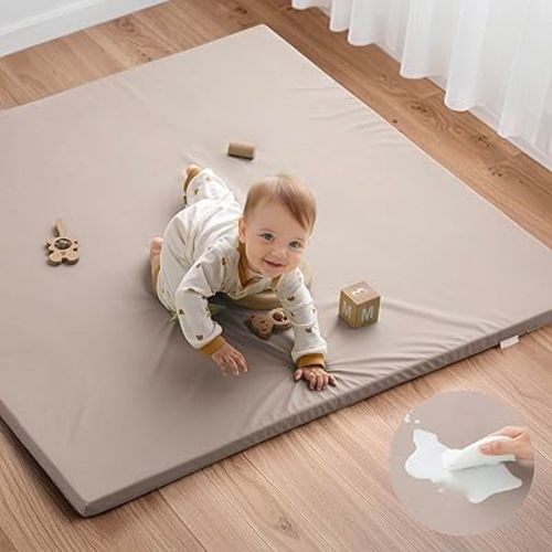 Blissful Diary Vegan Leather Baby Play Mat, 50x50 Thicken Foam Cushioned & Waterproof Playpen Mat for Infants and Toddlers, Stylish and Just Wipe-Clean Playmat for Baby Play on Floor, Brown Gray