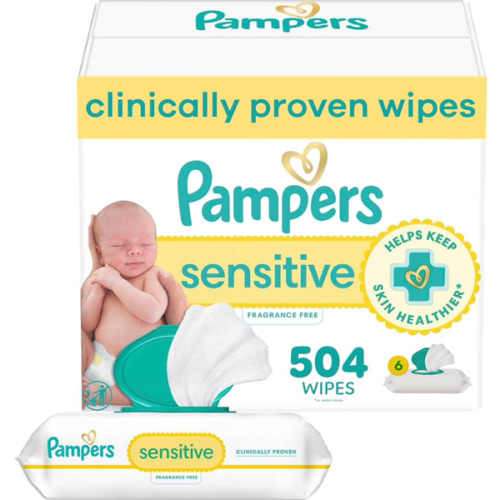 Pampers Baby Wipes Sensitive, Water Based Hypoallergenic and Unscented 504 Total (6 Flip-Top Packs)