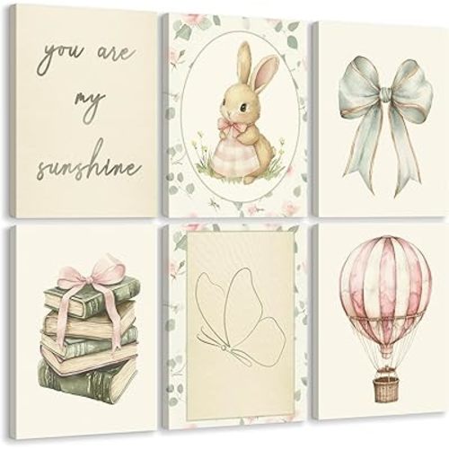 Vintage Nursery Wall Art Baby Girl Room Canvas Wall Decor Pink Flower Bunny Pictures Nursery Bow Art Prints Girl Butterfly Poster Vintage Floral Artwork for Children Bedroom 8x10x6 Inch Ready to Hang