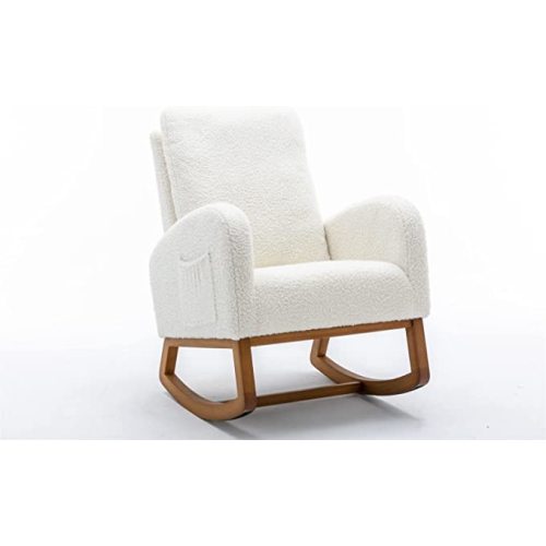 Nursery Rocking Chair,Upholstered Fabric Accent Armchair,Wooden Padded Seat with 2-Side Pocket,Nursing Chair with Rubber Wood Legs,Glider Chair for Nursery,Living Room,Home Office (White Line)