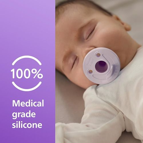 Philips Avent Soothie Orthodontic Baby Pacifiers, 100% Silicone Pacifiers, One Piece, BPA-Free, for Babies 0-3 Months, 2 Lilac and 2 Pink, 4 Pack, Model SCF190/70