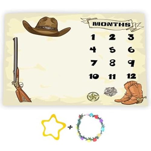 Cowboy Theme Baby Monthly Milestone Blanket, 60x40in Soft Flannel, Gun Boots Hats Nursery Blanket for Newborn Mom Gifts, Baby Shower Age Growth Tracker with Bonus Maker
