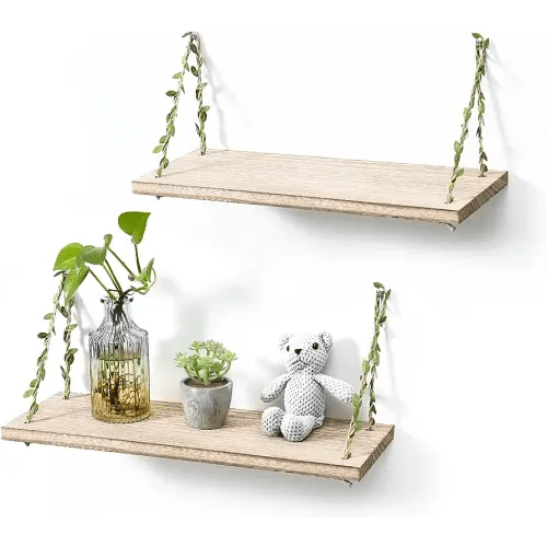 MITIME Leaf Rope Hanging Floating Shelves, Wall Swing Storage Shelf for Home Decor.17, 2-Pack (Light Color)
