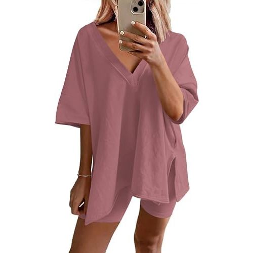 Ekouaer Womens Pajamas 2 Piece Lounge Sets Oversized V Neck T-Shirts Tops Biker Shorts Set Workout Reversible Tracksuit S-XXL