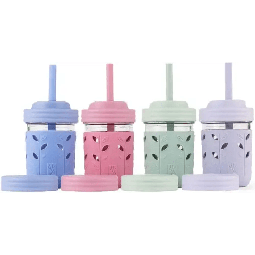 Elk and Friends Kids & Toddler Cups | The Original Glass Mason jars 8 oz with Silicone Sleeves & Silicone Straws with Stoppers | Smoothie Cups | Spill Proof Sippy Cups for Toddlers