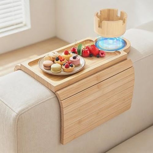Bamboo Couch Arm Tray, 3 in1 Couch Armrest Table, Armrest Tray, Natural
