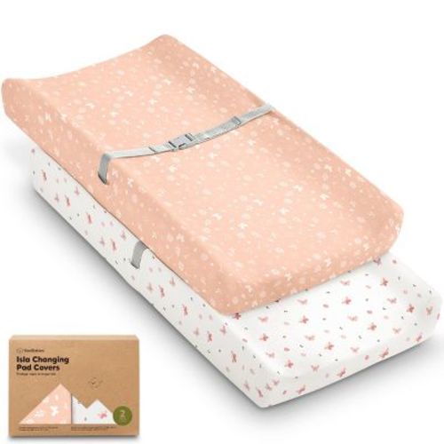 2pk Isla Changing Pad Covers for Girl, Boy, Soft Contoured Diaper Changing Table Pad Cover Sheets Neutral (Butterflies)