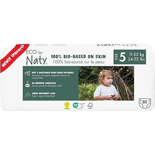 Eco by Naty Eco-Friendly Baby Diapers - 100% Plant-Based Materials on Skin, Soft, for Sensitive Skin & Super Absorbent (Size 5, 80 Count)